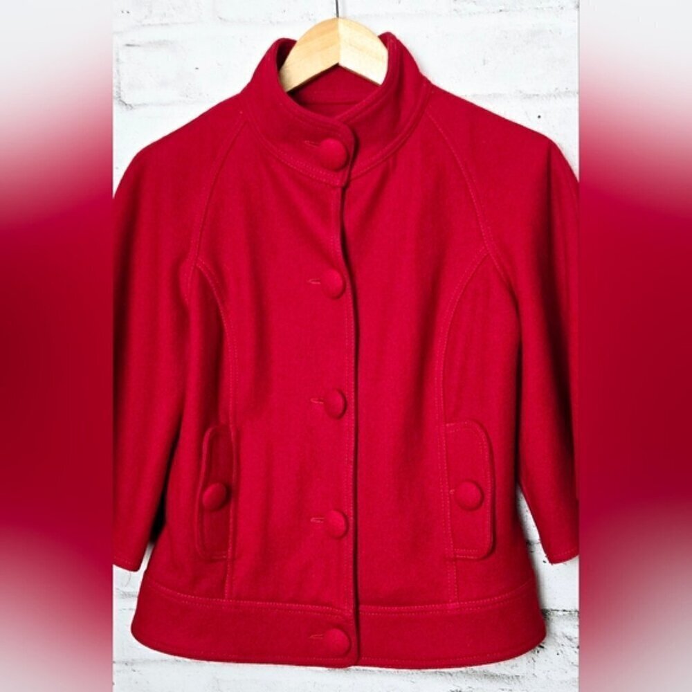 Dreamy Red Wool Pea Coat with Flare ¾ Sleeves - Picture 2 of 13